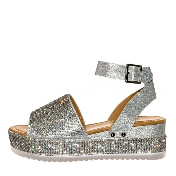 NEW Diamante Rhinestone Glitter Ankle Strap Platform Wedge Heel Sandals Open Toe - Picture 6 of 10